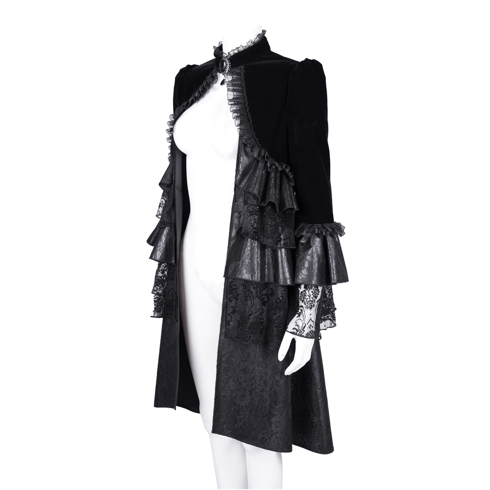 Victorian Gothic Black Velvet Jacket with Lace and Ruffles