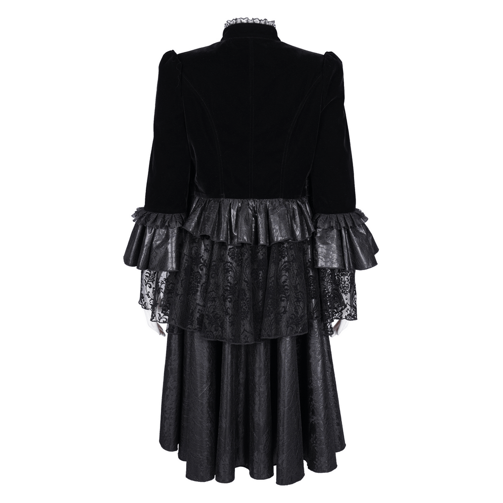 Back view of Victorian Gothic black velvet jacket with lace and ruffles, showcasing elegant design and dramatic silhouette.