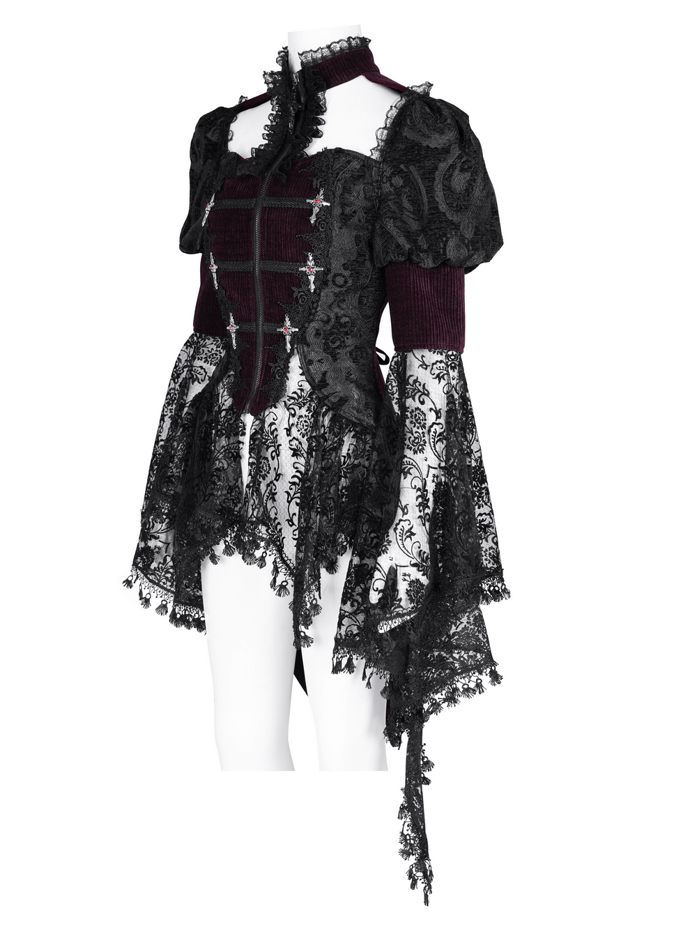 Victorian Gothic blouse with bell sleeves, lace accents, and steampunk charm, perfect for cosplay and special events.