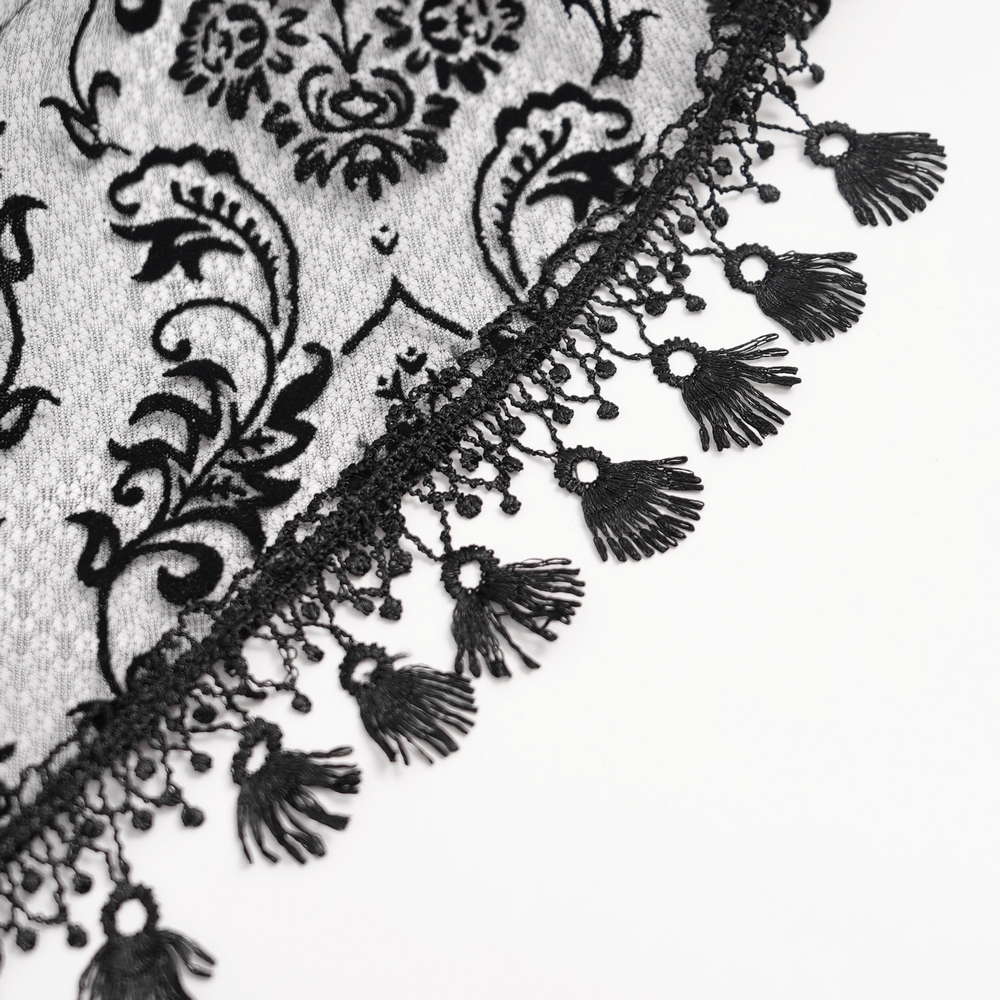 Elegant black lace trim with intricate floral patterns and tassels, perfect for gothic or steampunk designs.