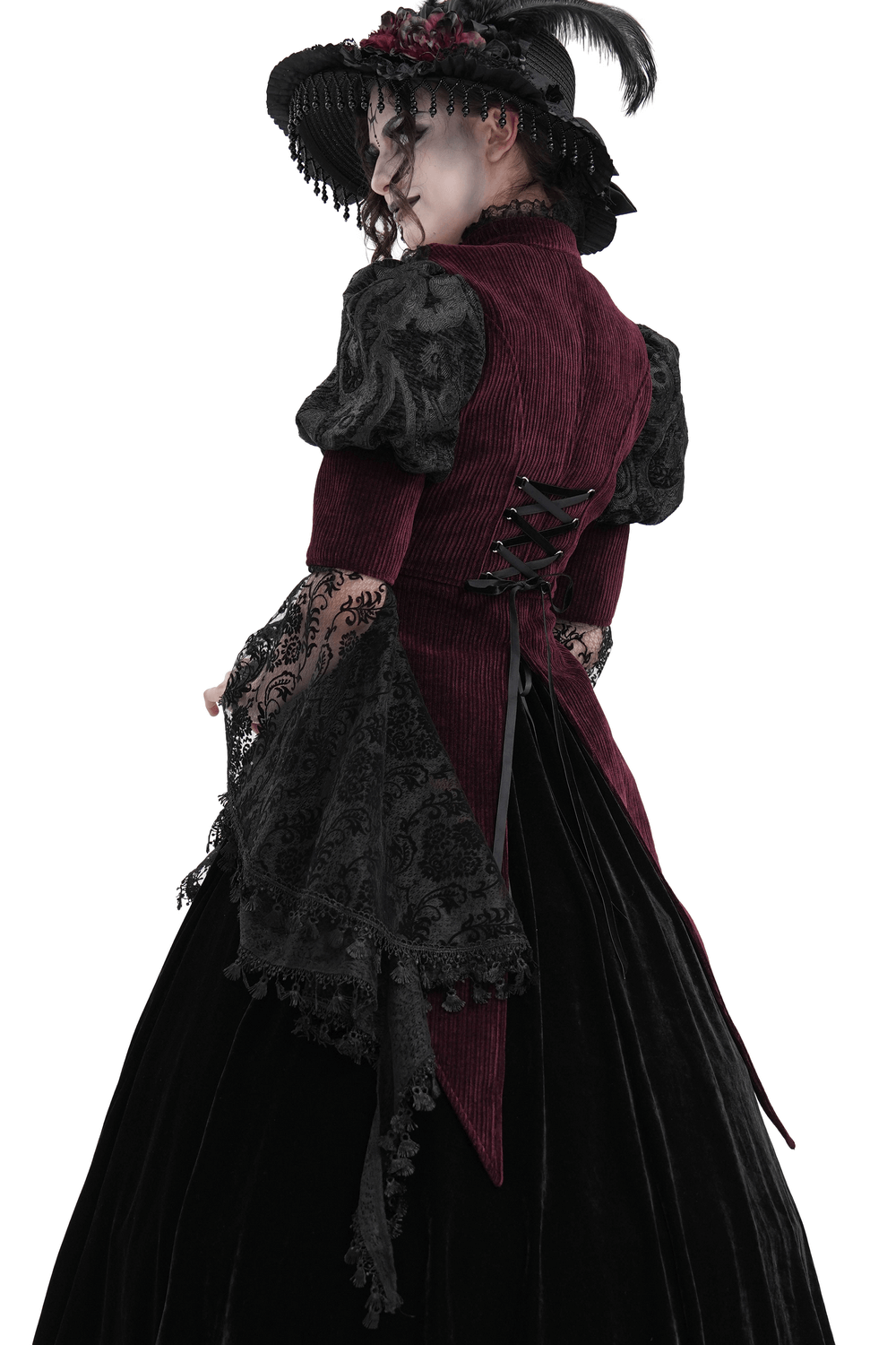 Back view of a Victorian Gothic blouse with bell sleeves and lace accents, showcasing steampunk design elements.