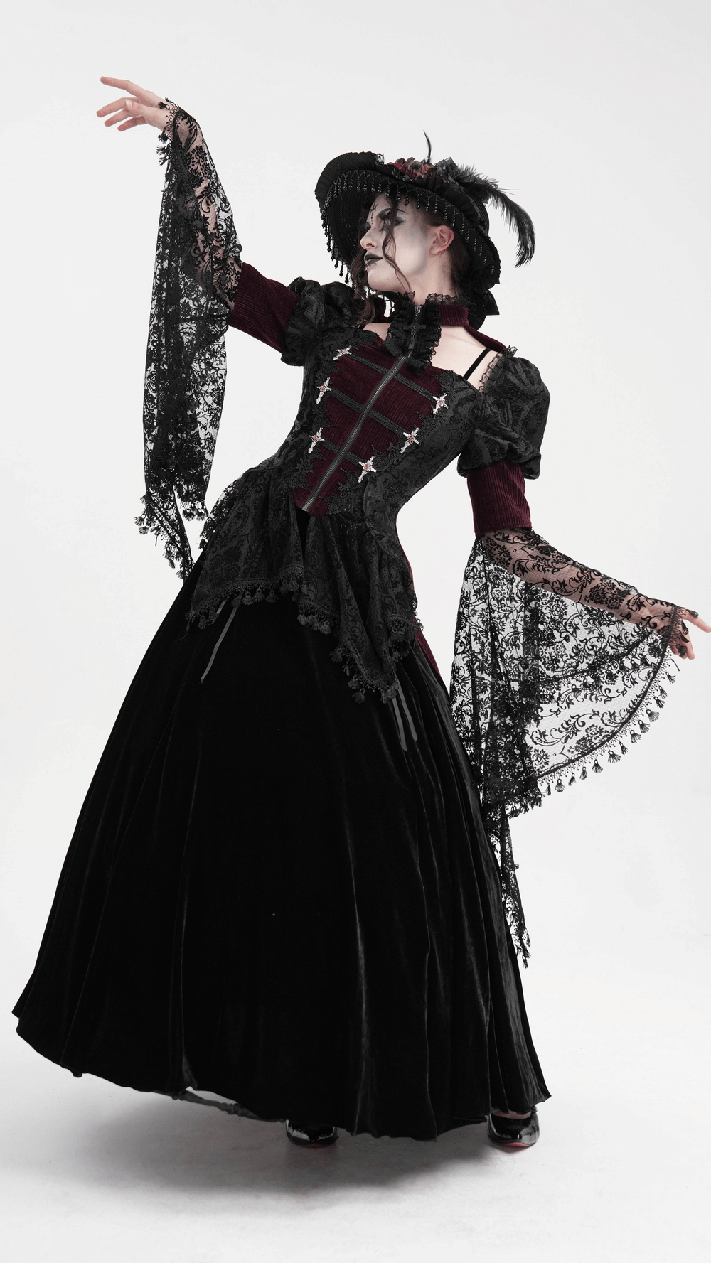 Victorian Gothic blouse with bell sleeves, lace accents, and elegant steampunk flair, perfect for cosplay.