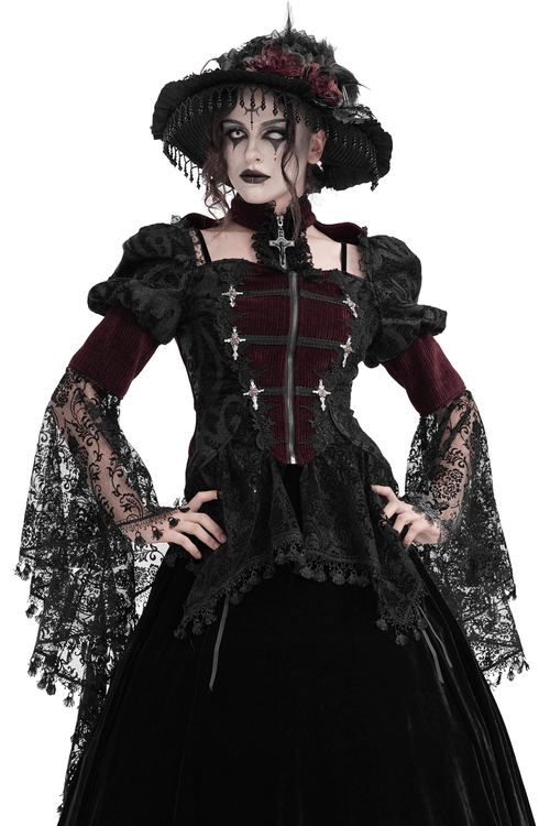Victorian Gothic Blouse with Bell Sleeves and Lace Accents