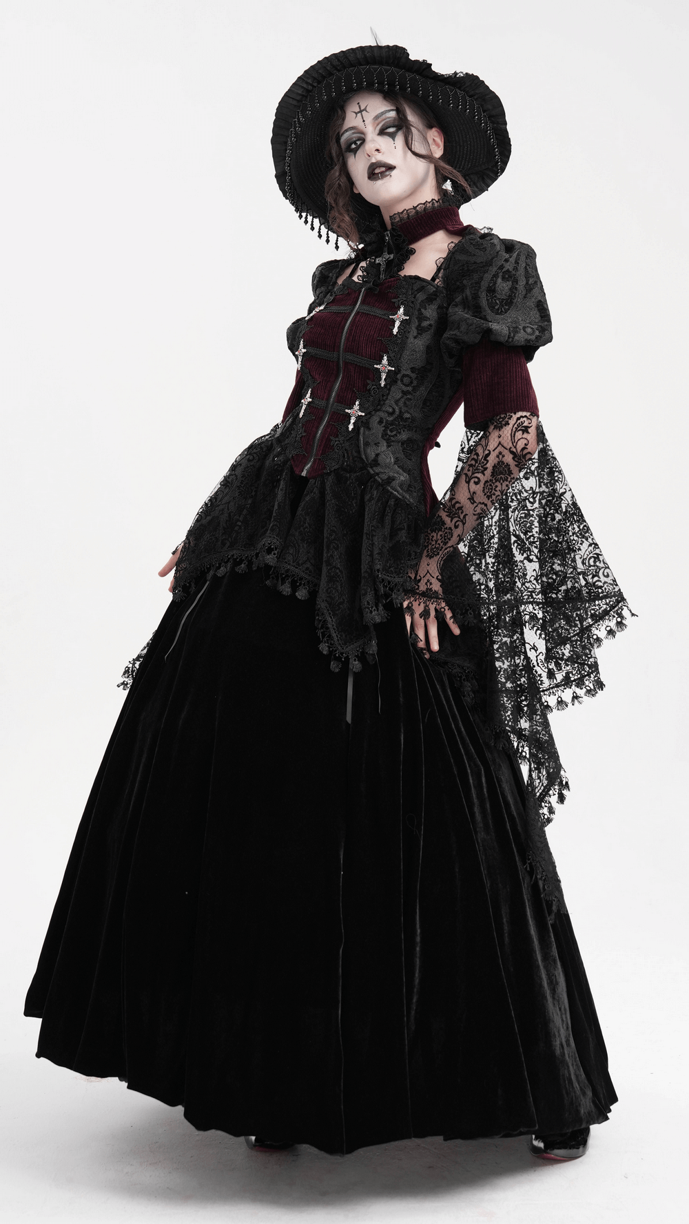 Victorian Gothic blouse with bell sleeves, lace accents, and a dramatic skirt for a steampunk-inspired look.