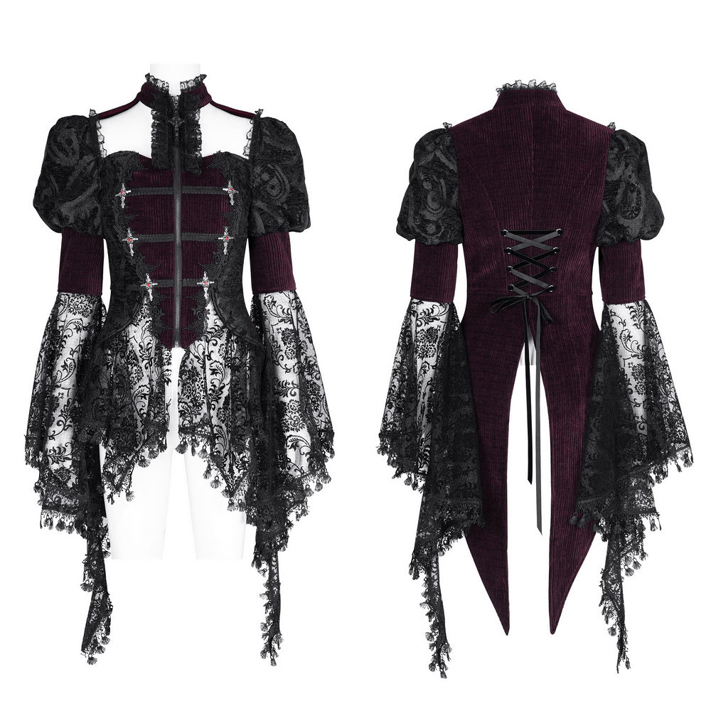 Victorian gothic blouse with bell sleeves, lace accents, and steampunk flair for cosplay or special events.