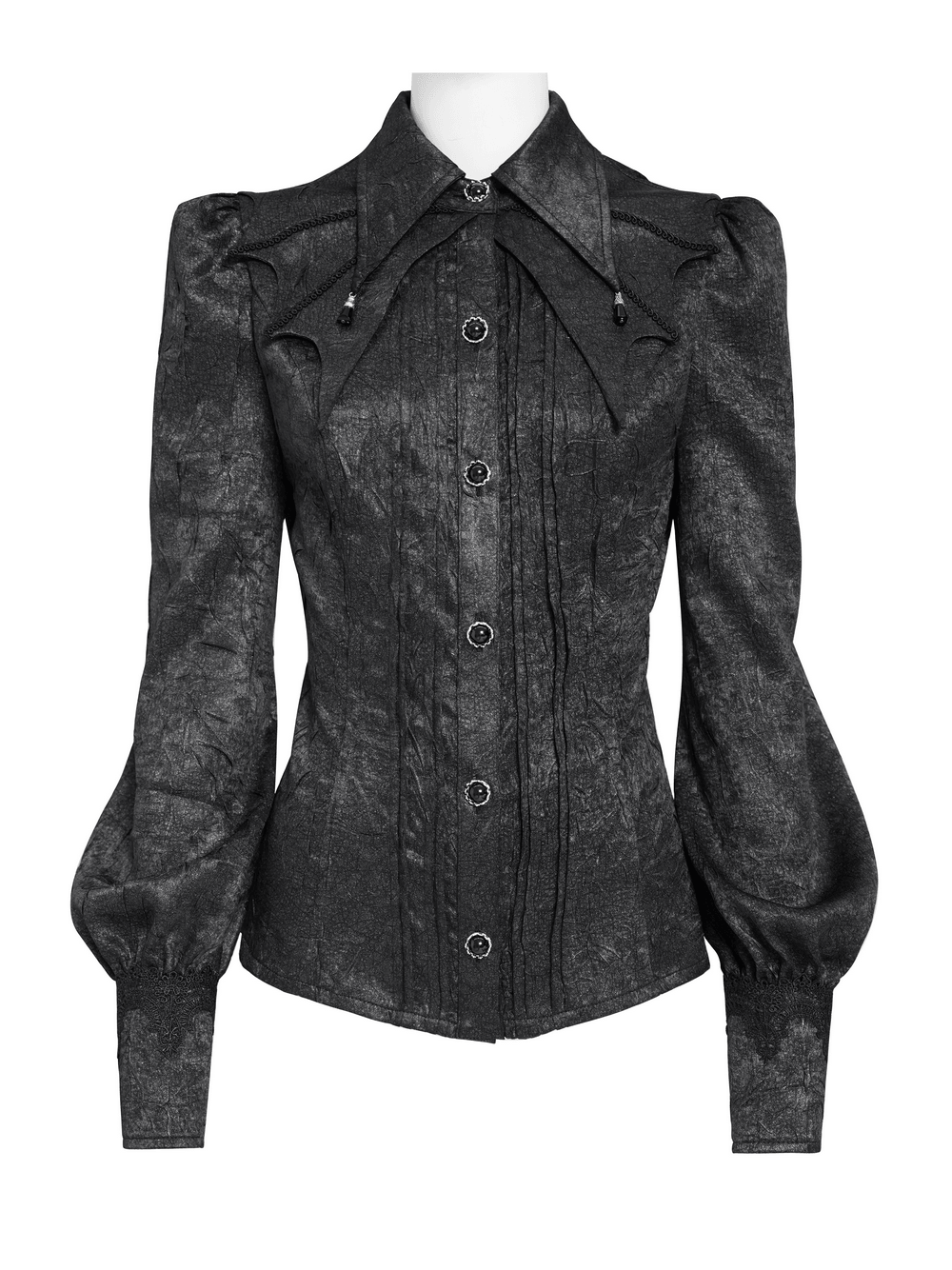 Victorian Gothic Blouse with Cross Brooch Detail, black gothic shirt with bishop sleeves, fitted waist and ornate buttons