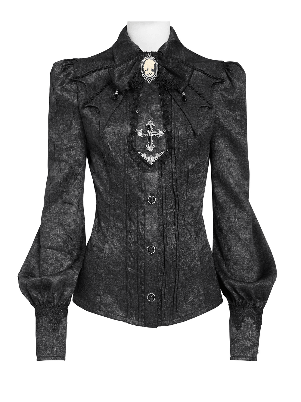 Victorian Gothic Blouse with Cross Brooch Detail, black gothic shirt with bishop sleeves and ornate cameo brooch