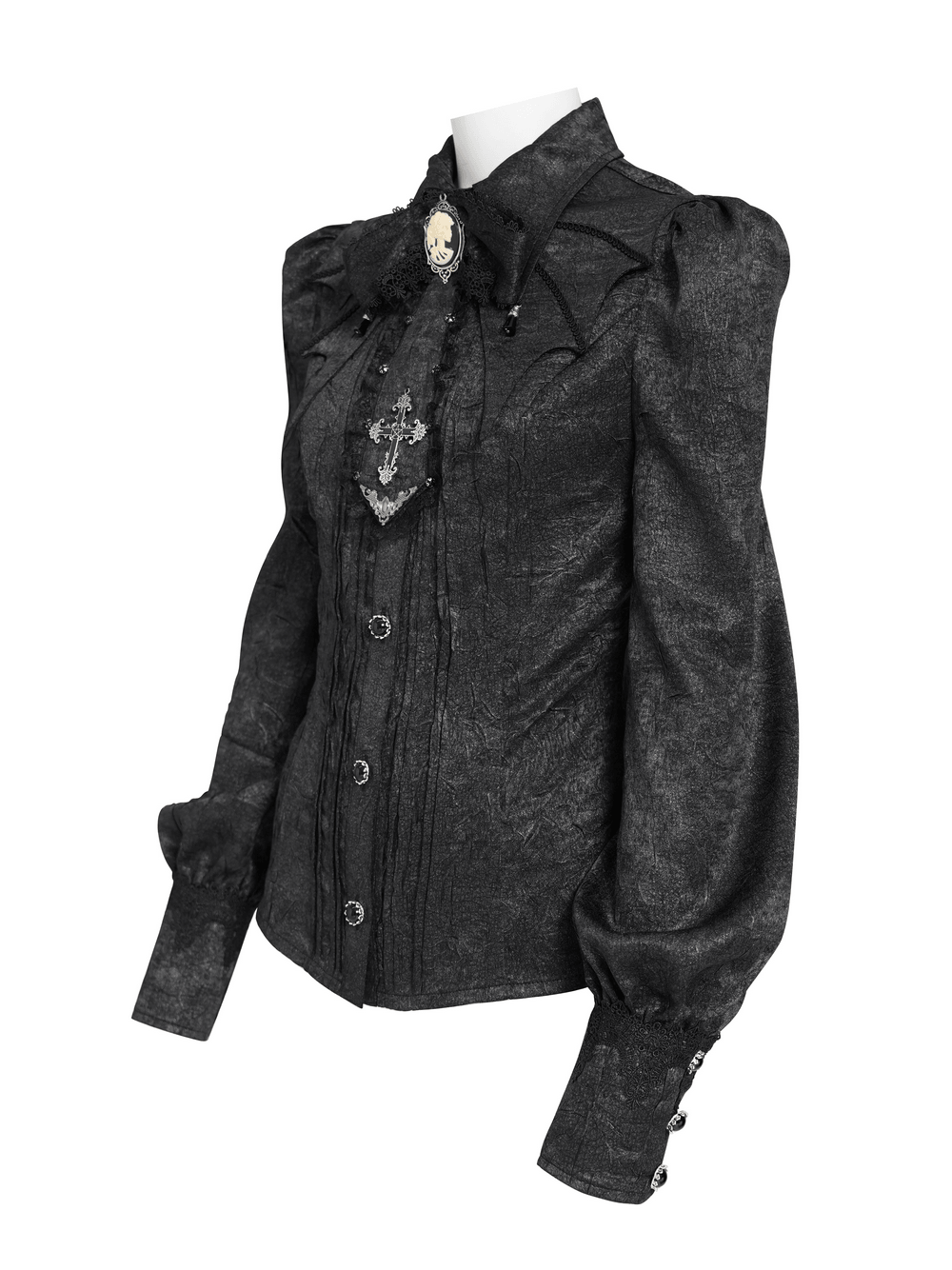 Victorian Gothic Blouse with Cross Brooch Detail black blouse with bishop sleeves, cameo bow, and ornate cross accent