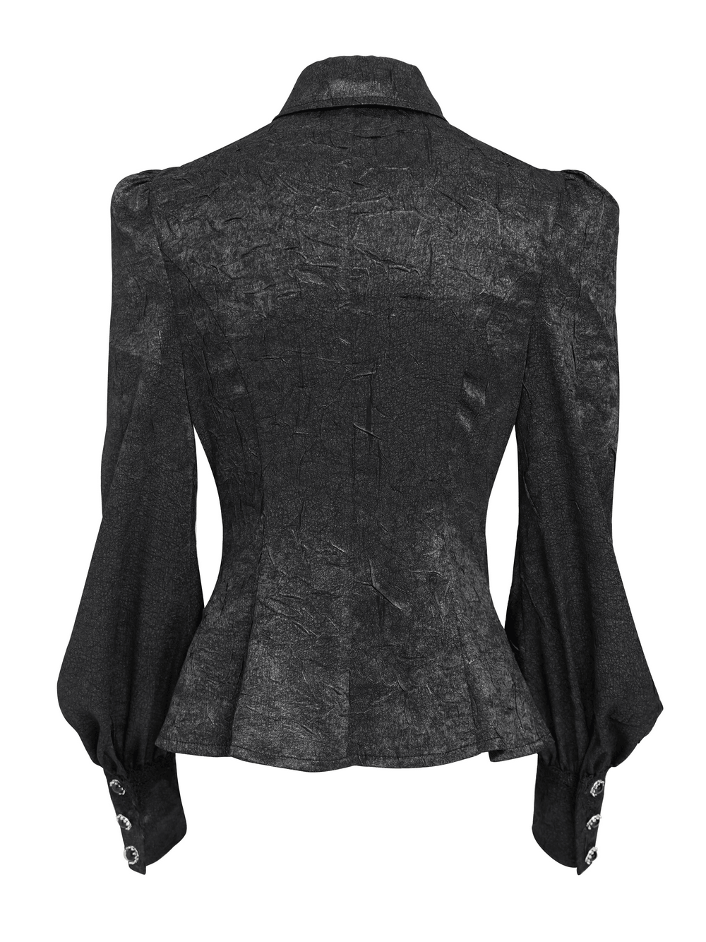 Victorian Gothic Blouse with Cross Brooch Detail, black fitted blouse with bishop sleeves and ornate cuff buttons
