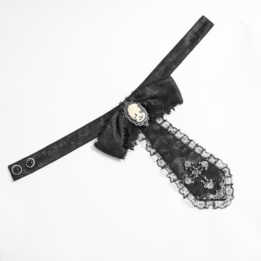 Victorian Gothic Blouse with Cross Brooch Detail, black lace bow tie with cameo and cross accent