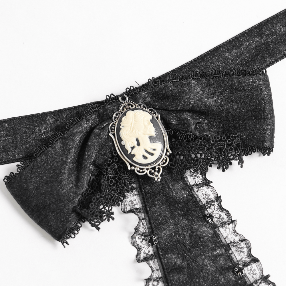 Victorian Gothic Blouse with Cross Brooch Detail, black gothic blouse with cameo brooch, lace trim and bow