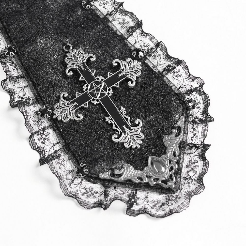 Victorian Gothic Blouse with Cross Brooch Detail, black lace trim and ornate cross accent for dark Victorian style