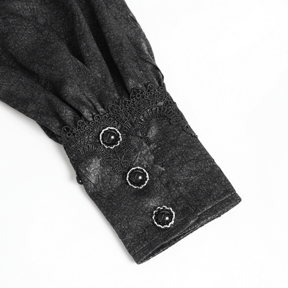 Victorian Gothic Blouse with Cross Brooch Detail, black Gothic sleeve with ornate buttons and lace cuff