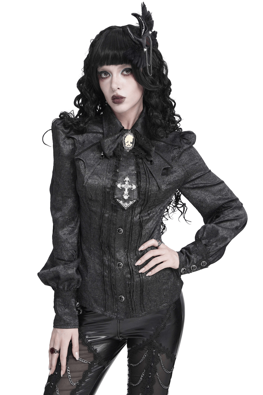 Victorian Gothic Blouse with Cross Brooch Detail, black Victorian shirt with bishop sleeves and antique-inspired gothic charm
