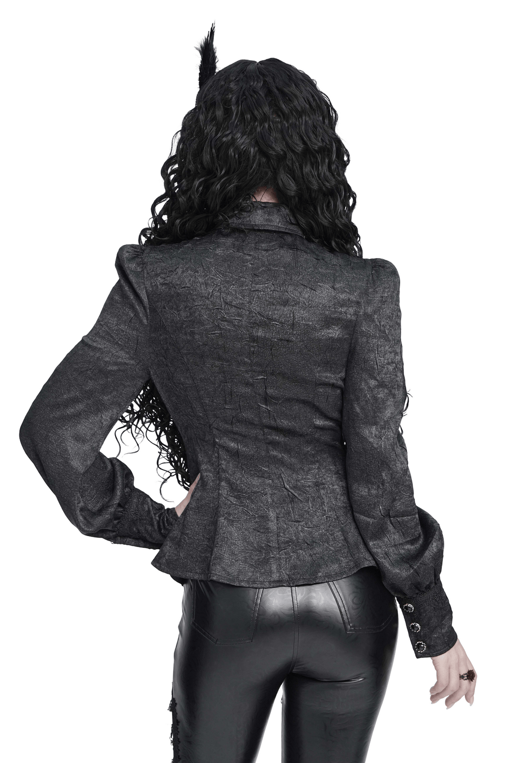 Victorian Gothic Blouse with Cross Brooch Detail, black textured blouse with bishop sleeves and structured waist