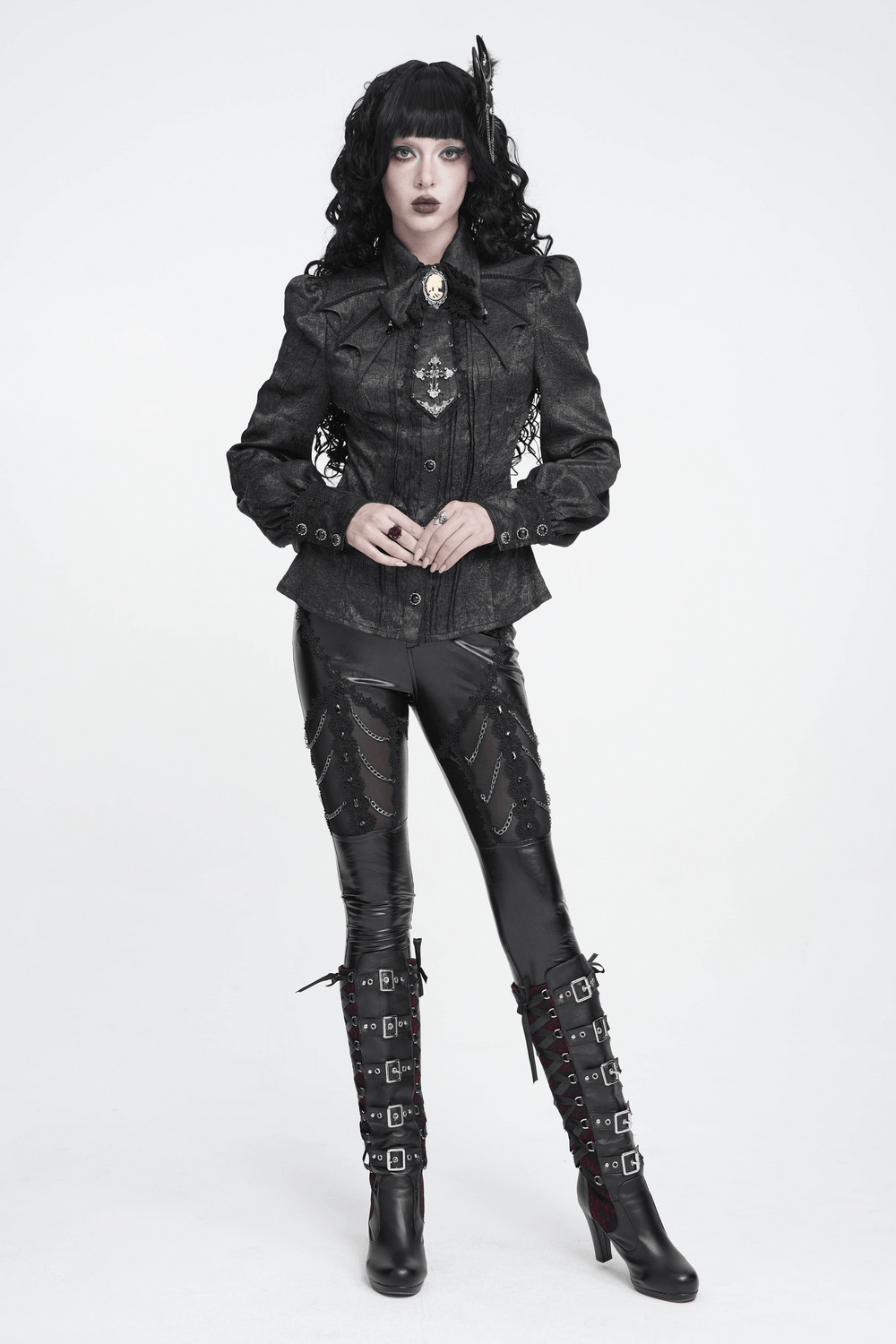 Victorian Gothic Blouse with Cross Brooch Detail, black fitted waist shirt with bishop sleeves and ornate antique charm