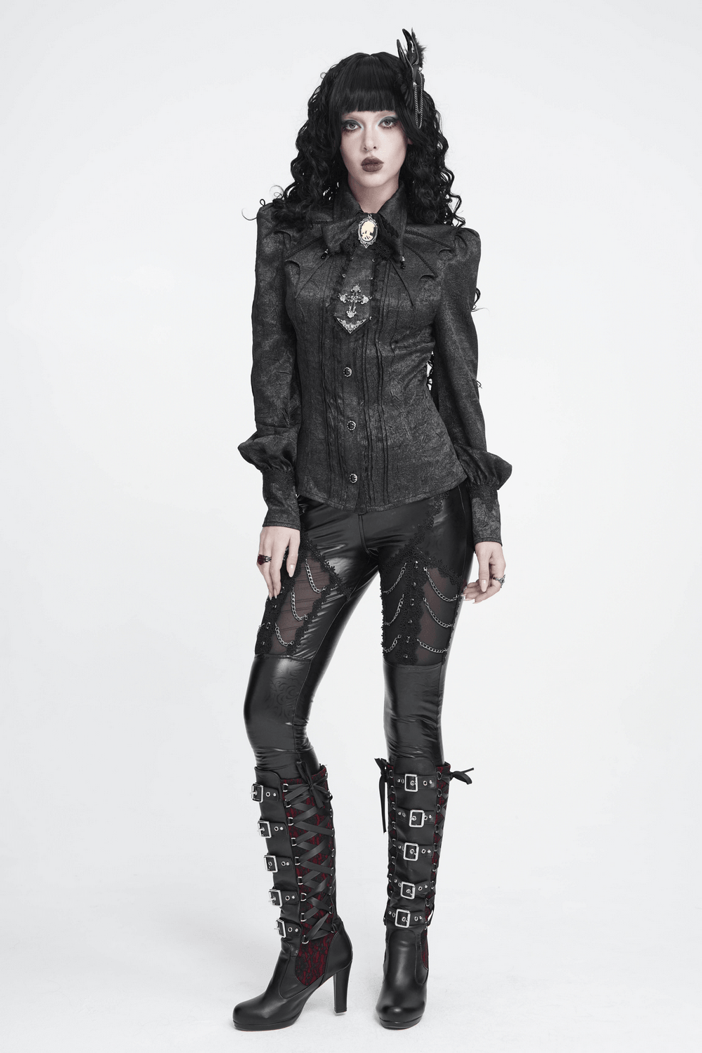 Victorian Gothic Blouse with Cross Brooch Detail, black Victorian shirt with bishop sleeves and ornate gothic styling