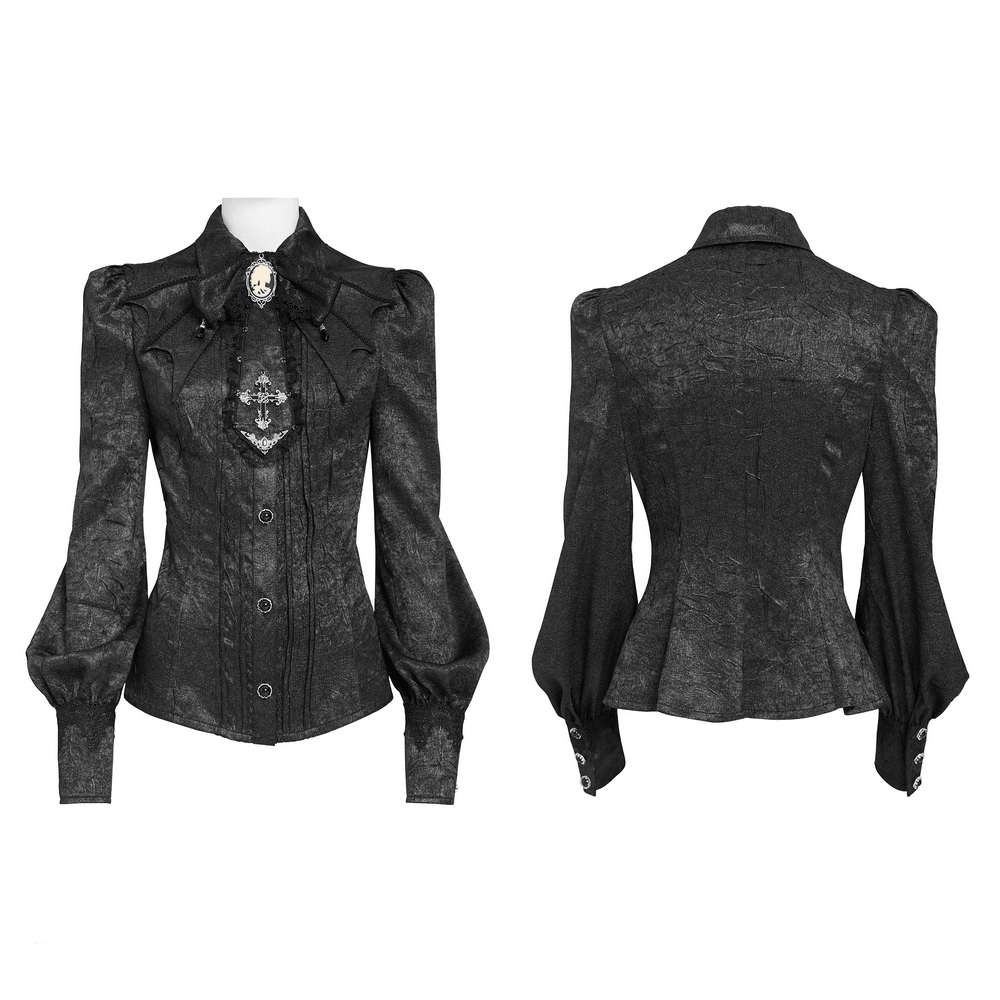 Victorian Gothic Blouse with Cross Brooch Detail, black fitted shirt with bishop sleeves and cameo bow, front and back