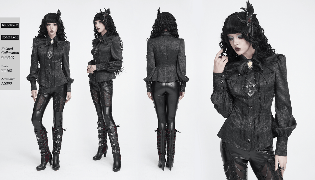 Victorian Gothic Blouse with Cross Brooch Detail black fitted blouse with bishop sleeves, bow neck, and cameo cross accent