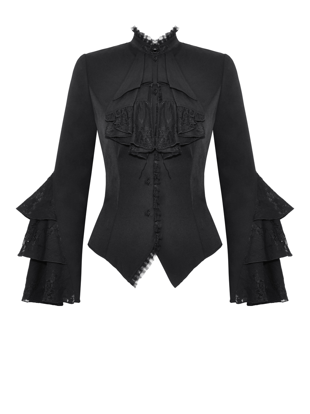 Elegant Victorian Gothic blouse with lace ruffle sleeves and high collar, perfect for alternative fashion styles.