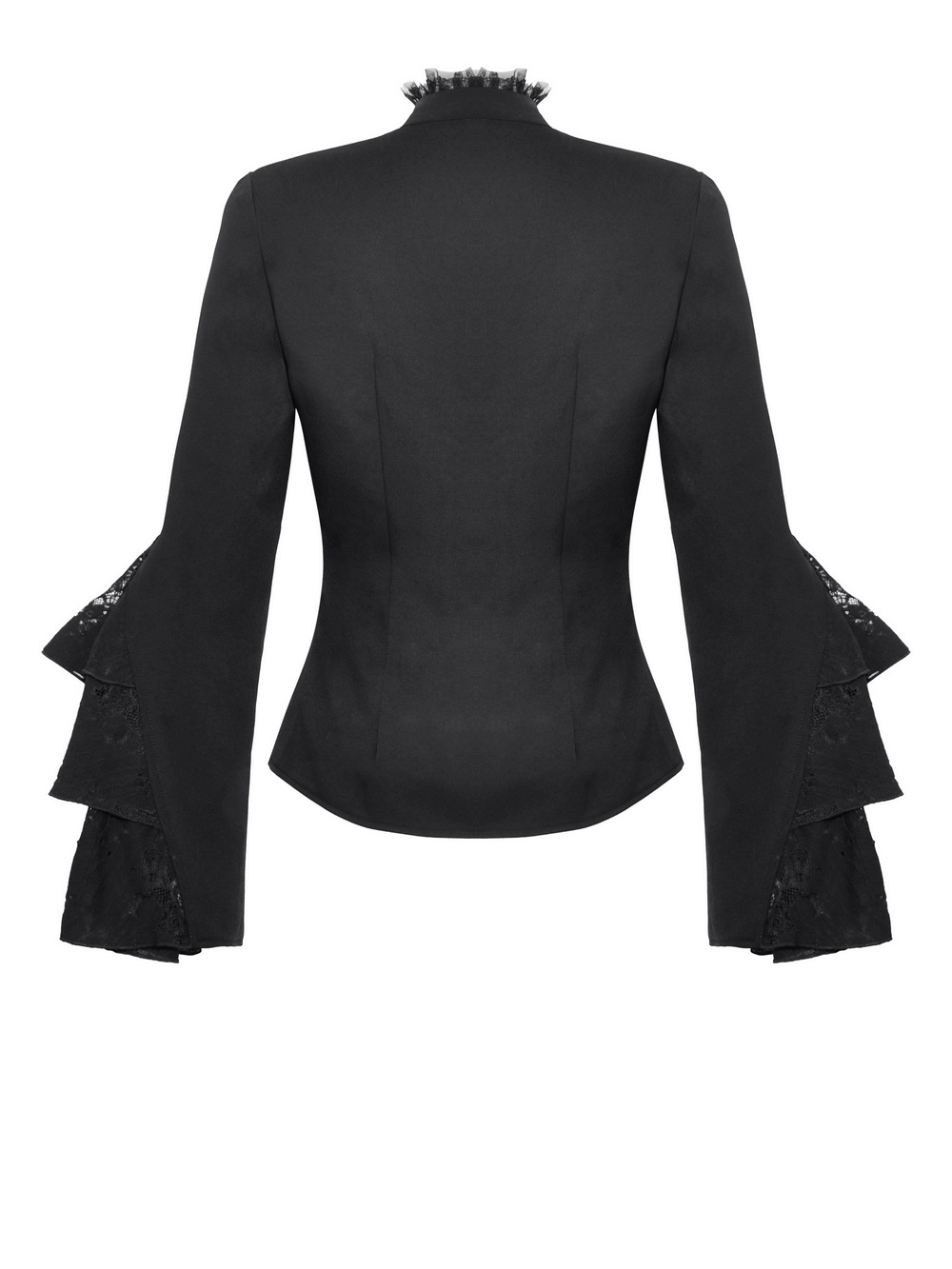 Elegant black Victorian gothic blouse with lace and ruffle sleeves, showcasing a tailored fit and high collar detail.