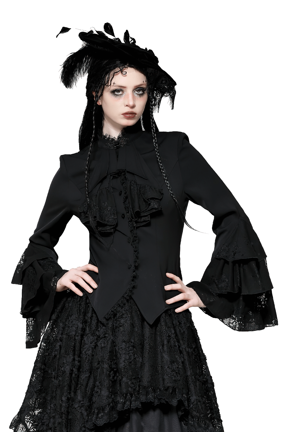 Elegant model in a Victorian Gothic blouse with lace and ruffle sleeves, perfect for alternative fashion lovers.