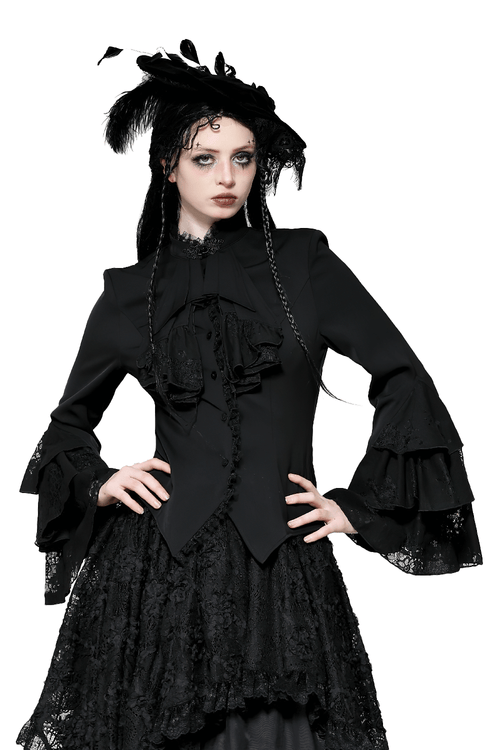 Blusa Gótica Victoriana con Encaje y Mangas con Volantes