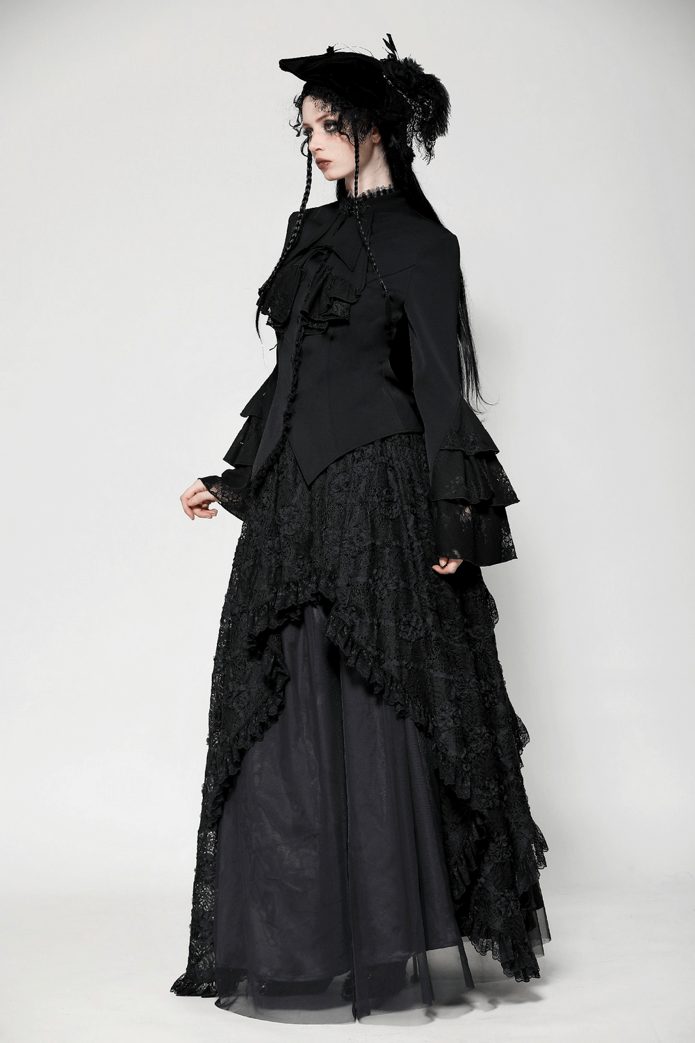 Elegant Victorian Gothic blouse with lace and ruffle sleeves, perfect for alternative and steampunk styles.