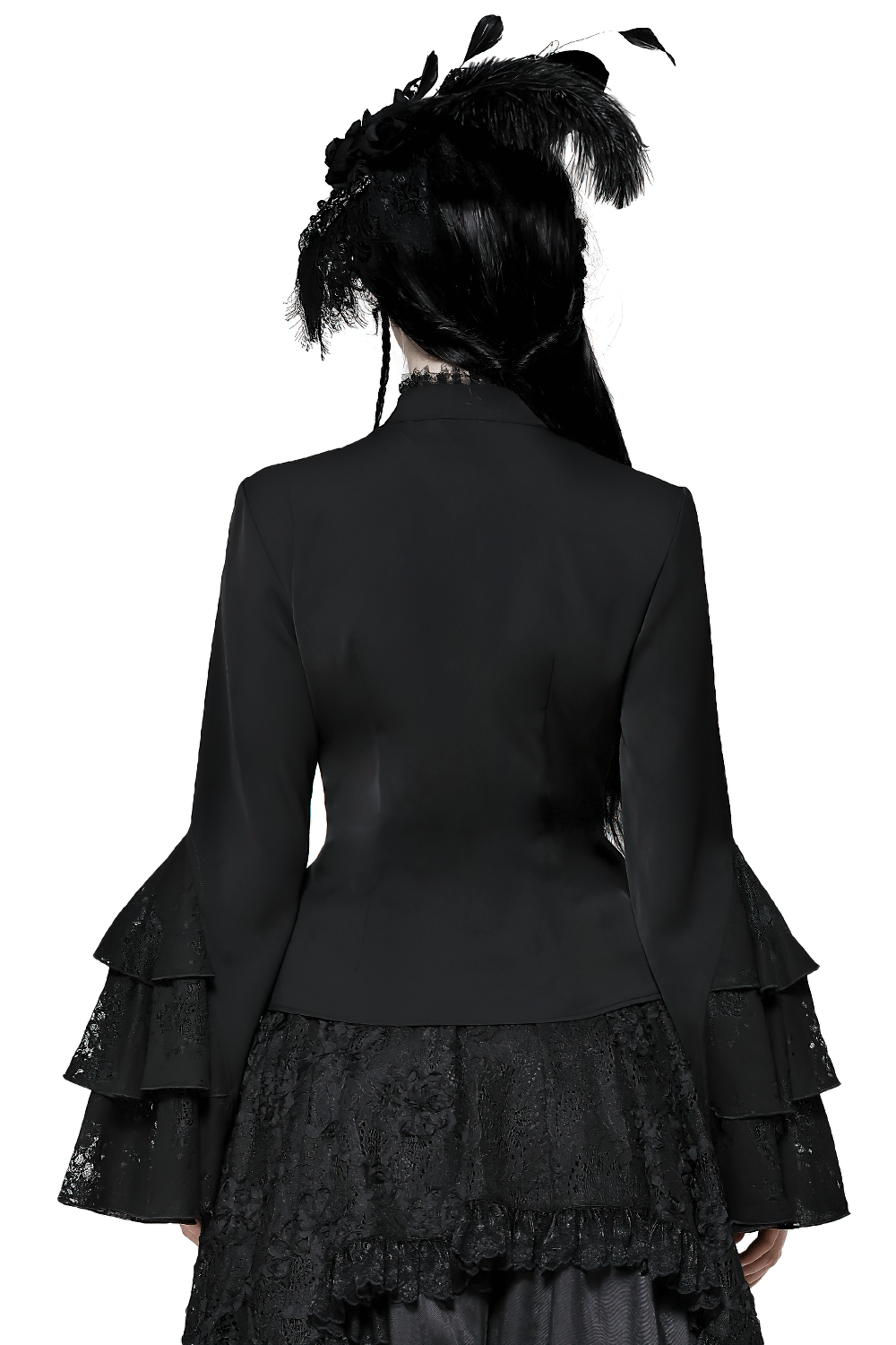 Elegant black Victorian blouse featuring dramatic lace ruffle sleeves, showcasing a gothic and alternative fashion style.