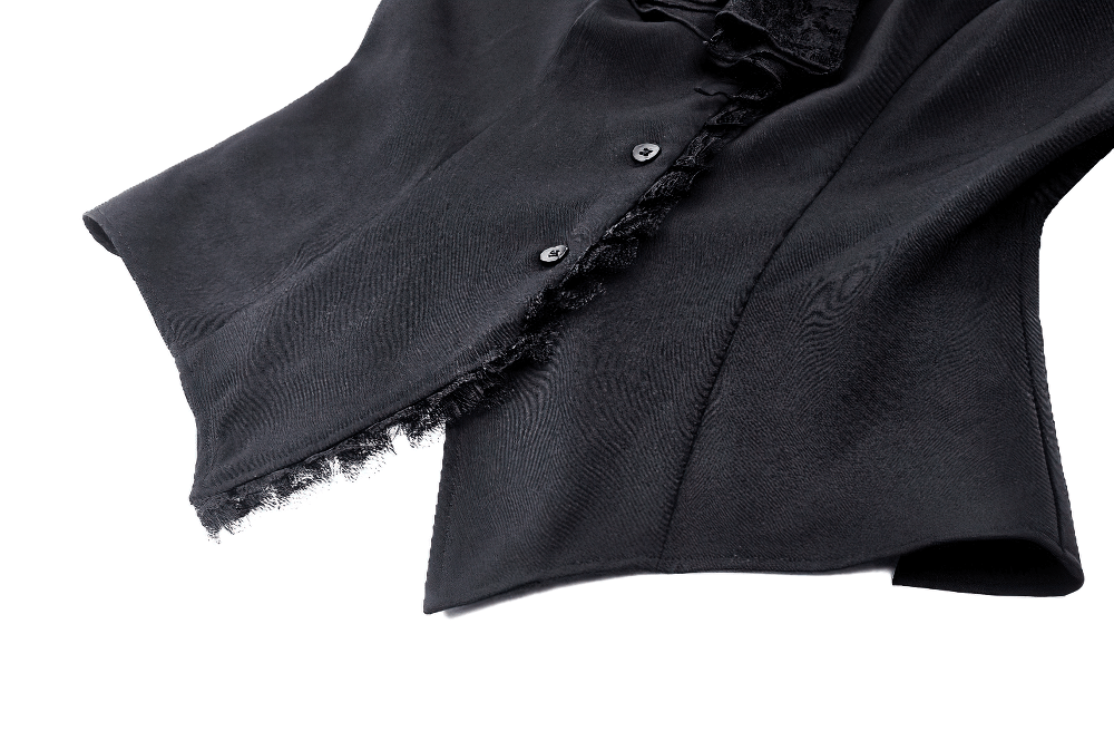 Elegant black Victorian gothic blouse showcasing lace and ruffle sleeve details, perfect for alternative fashion.