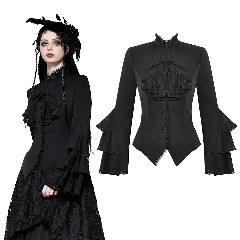 Elegant Victorian Gothic blouse featuring lace and ruffle sleeves, perfect for alternative fashion lovers.