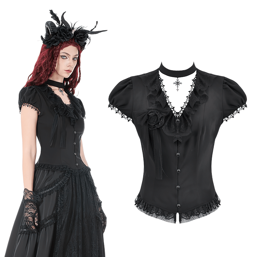 Victorian Gothic Blouse with Lace Ruffles and Back Lacing, featuring floral details and elegant black lace.