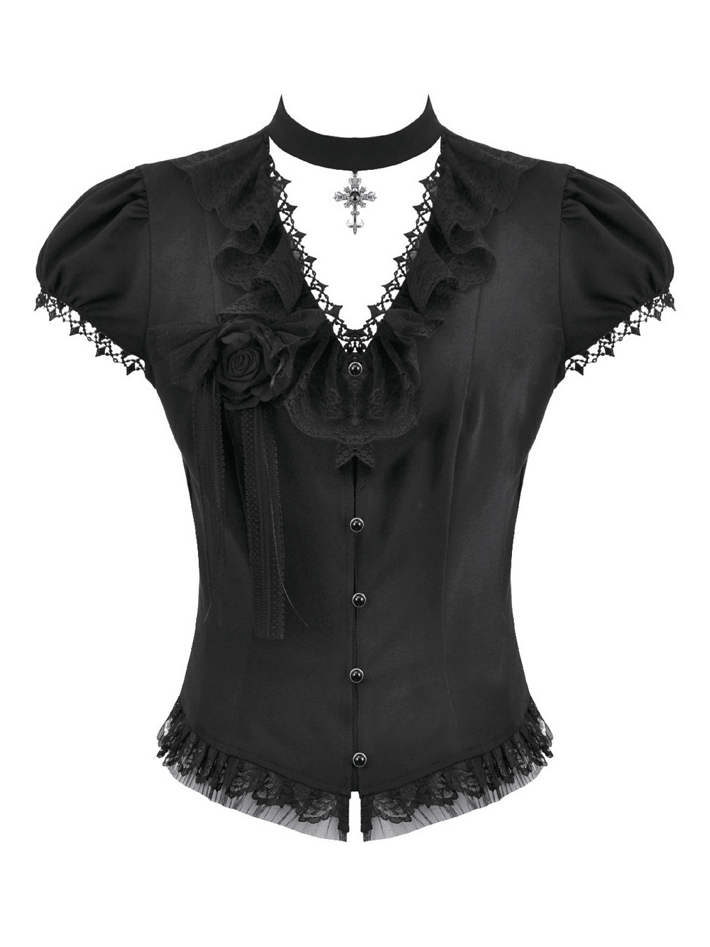 Victorian Gothic Blouse with Lace Ruffles and Back Lacing featuring ruffled lace and elegant front detailing.