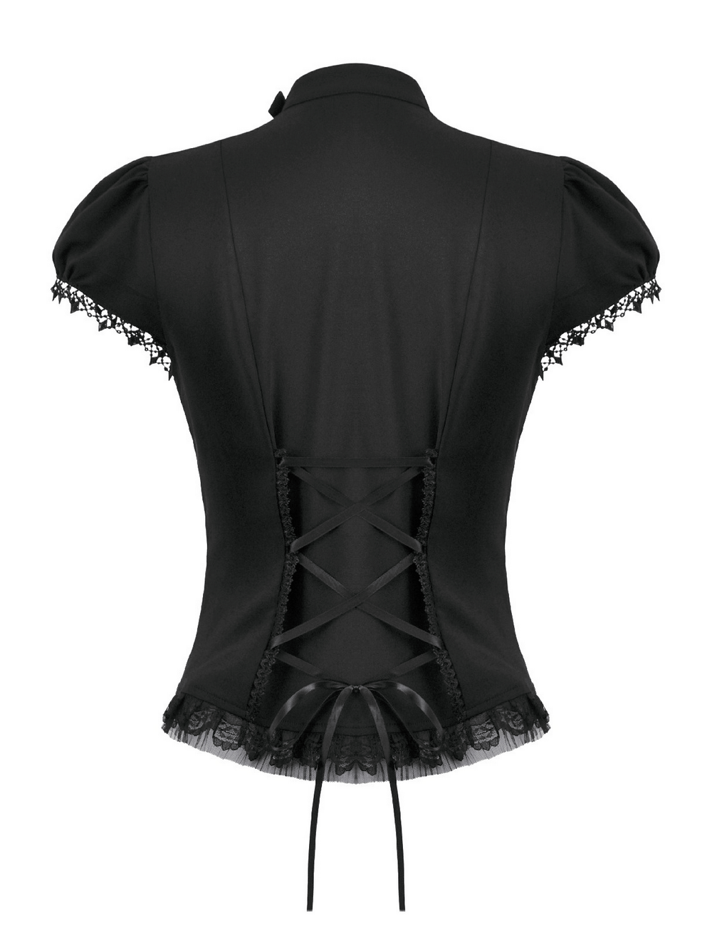 Victorian Gothic Blouse with Lace Ruffles and Back Lacing showing intricate back design and lace details.