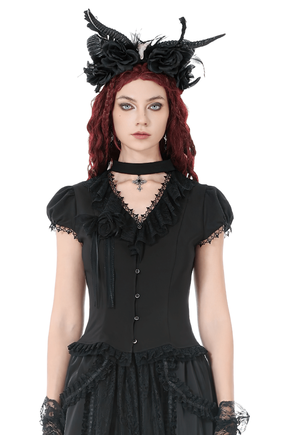 Victorian Gothic Blouse with Lace Ruffles and Back Lacing model wearing elegant accessories