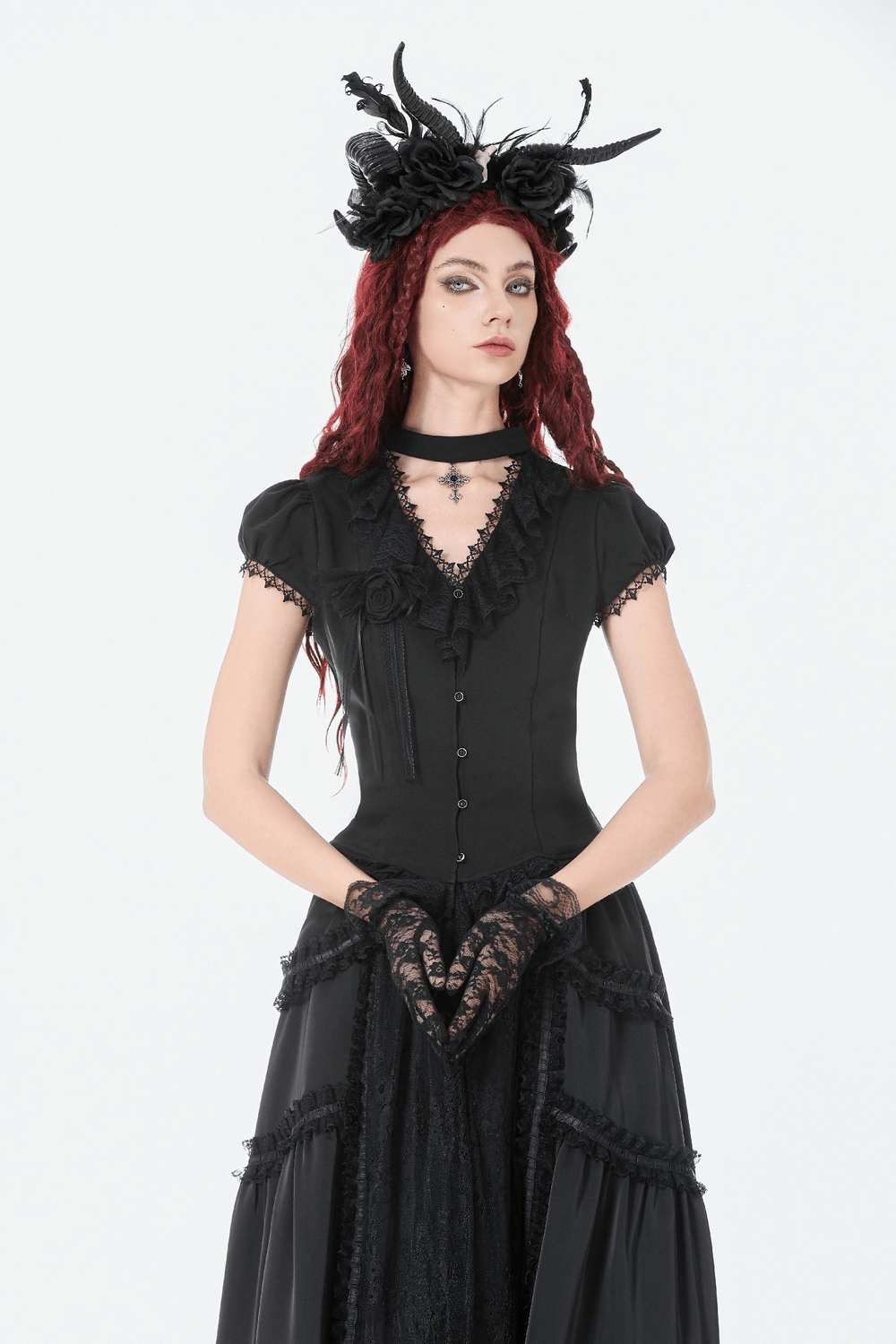 Victorian Gothic Blouse with Lace Ruffles and Back Lacing on a model wearing a stunning black ensemble.