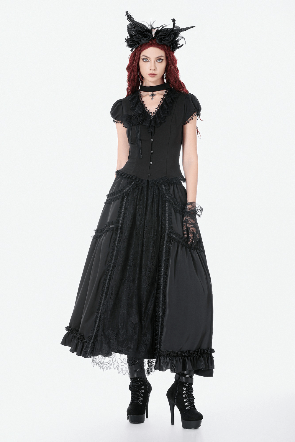 Victorian Gothic Blouse with Lace Ruffles and Back Lacing worn with a dramatic black skirt and stylish accessories.