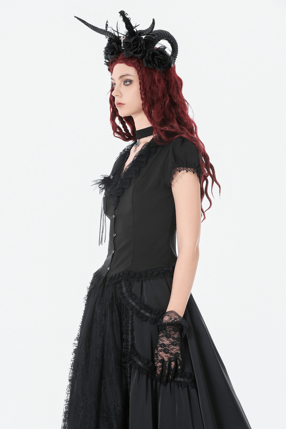Victorian Gothic Blouse with Lace Ruffles and Back Lacing on a model showcasing dark fashion style.