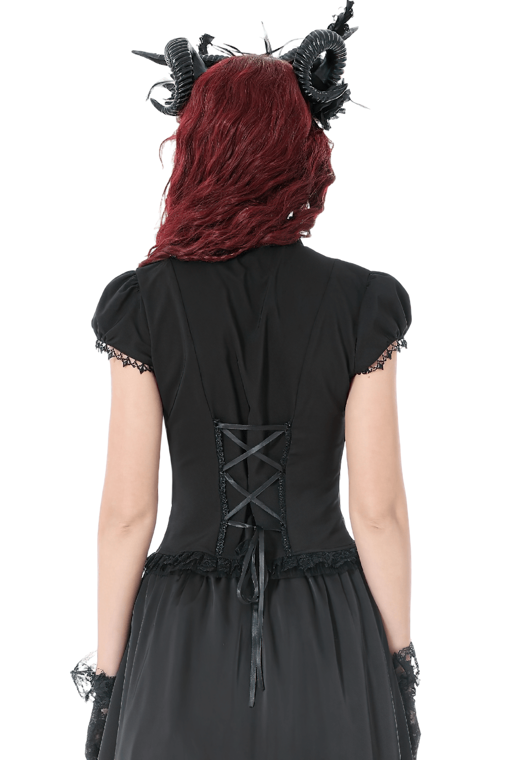 Back view of a Victorian Gothic Blouse with Lace Ruffles and Back Lacing, showcasing its elegant lace detail.