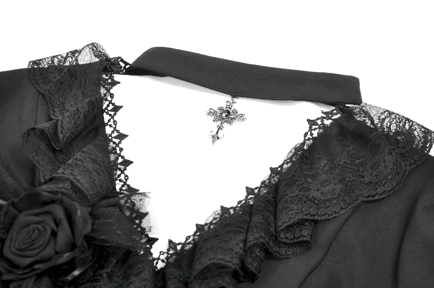 Victorian Gothic Blouse with Lace Ruffles and Back Lacing featuring intricate lace detail at the neckline.