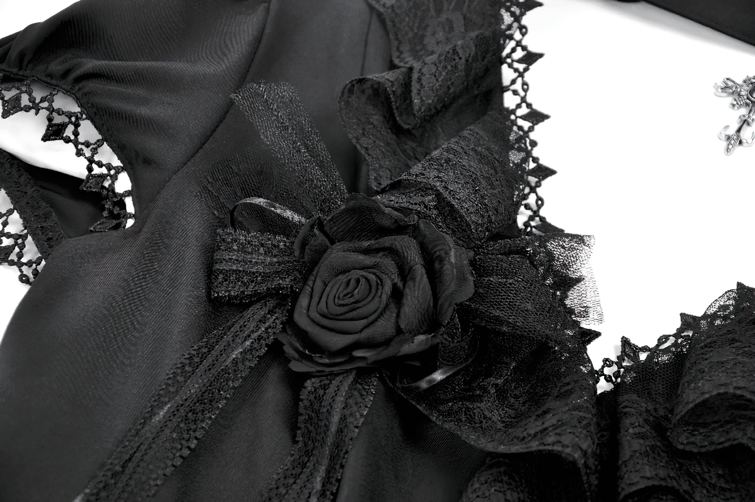 Victorian Gothic Blouse with Lace Ruffles and Back Lacing featuring intricate lace and a decorative black rose.