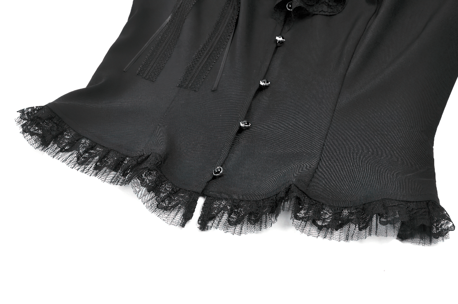 Victorian Gothic Blouse with Lace Ruffles and Back Lacing displayed, showcasing intricate lace details and buttons.