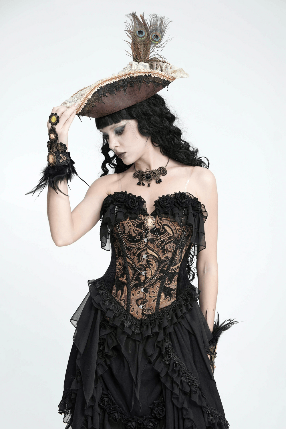 Victorian Gothic Brocade Corset Top with Rose Trim in black and bronze, featuring lace roses, brocade panels, and a lace-up silhouette.