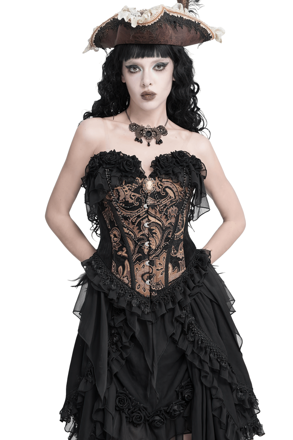 Victorian Gothic Brocade Corset Top with Rose Trim steampunk lace-up bustier in black and bronze brocade