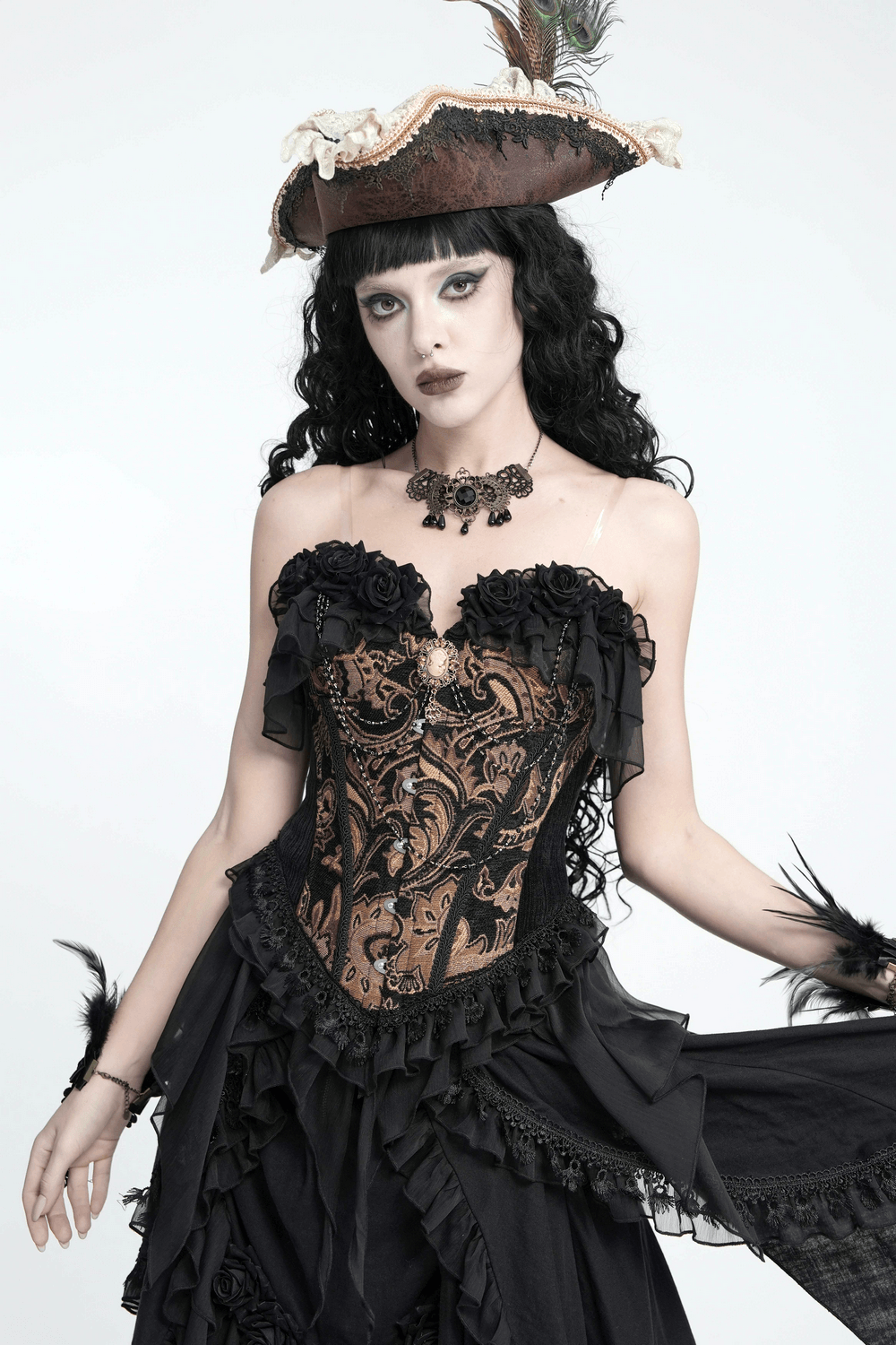 Victorian Gothic Brocade Corset Top with Rose Trim, gothic brocade bustier with black rose accents and lace-up silhouette