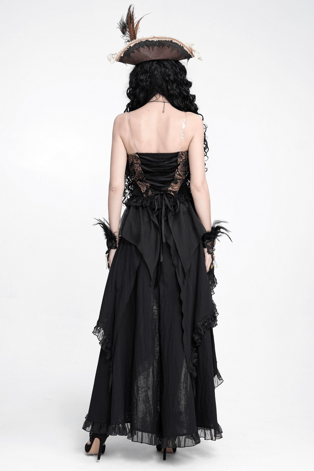 Victorian Gothic Brocade Corset Top with Rose Trim, back view of black lace-up gothic bustier with sheer draped hem