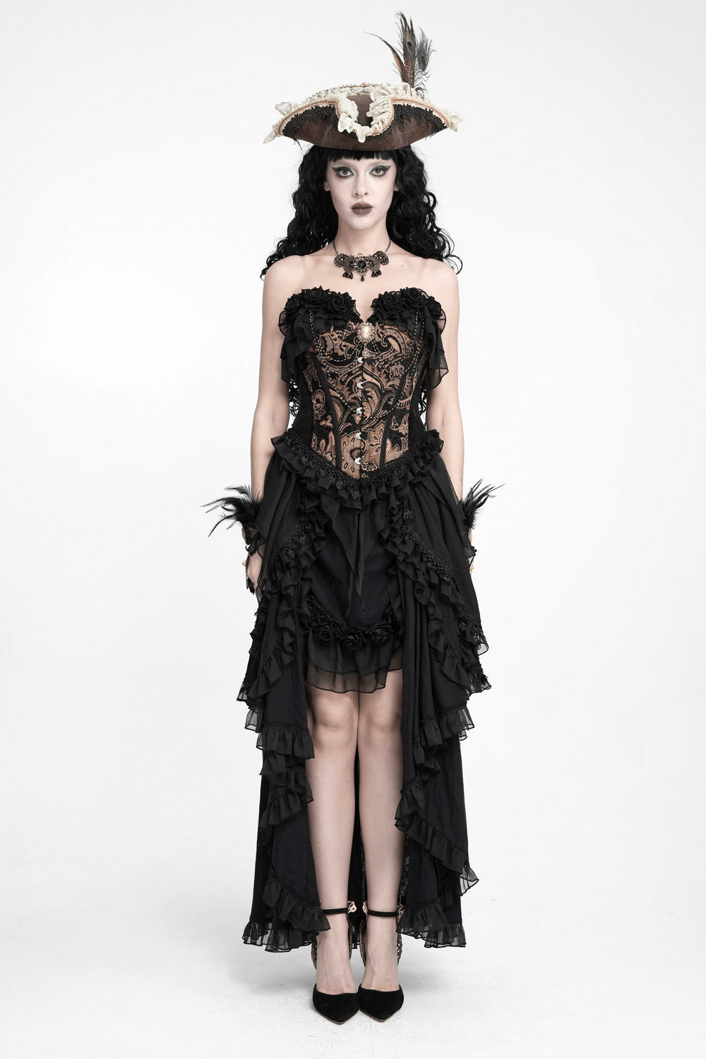 Victorian Gothic Brocade Corset Top with Rose Trim, steampunk lace-up bustier with sheer draped hem