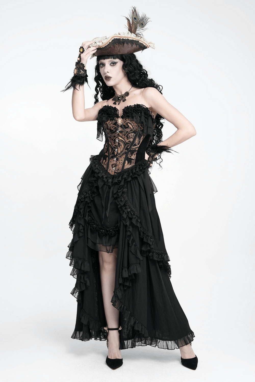Victorian Gothic Brocade Corset Top with Rose Trim, black gothic bustier with rose details and ruffled high-low skirt