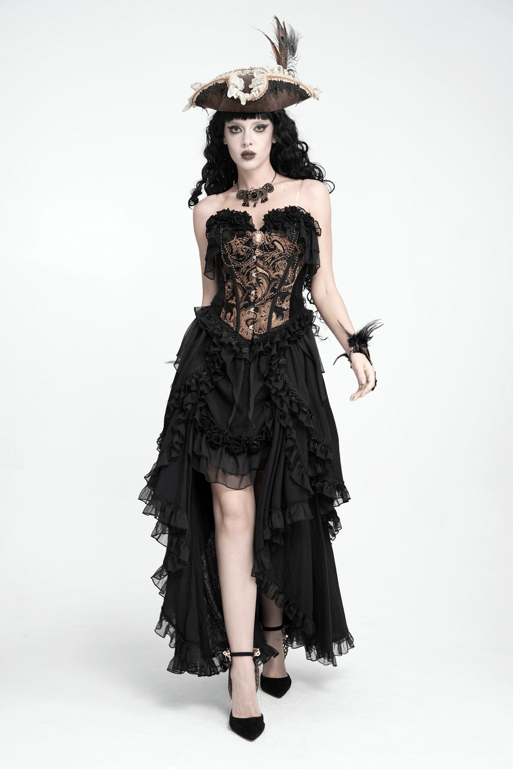 Victorian Gothic Brocade Corset Top with Rose Trim, black brocade bustier with lace, roses, and draped hem