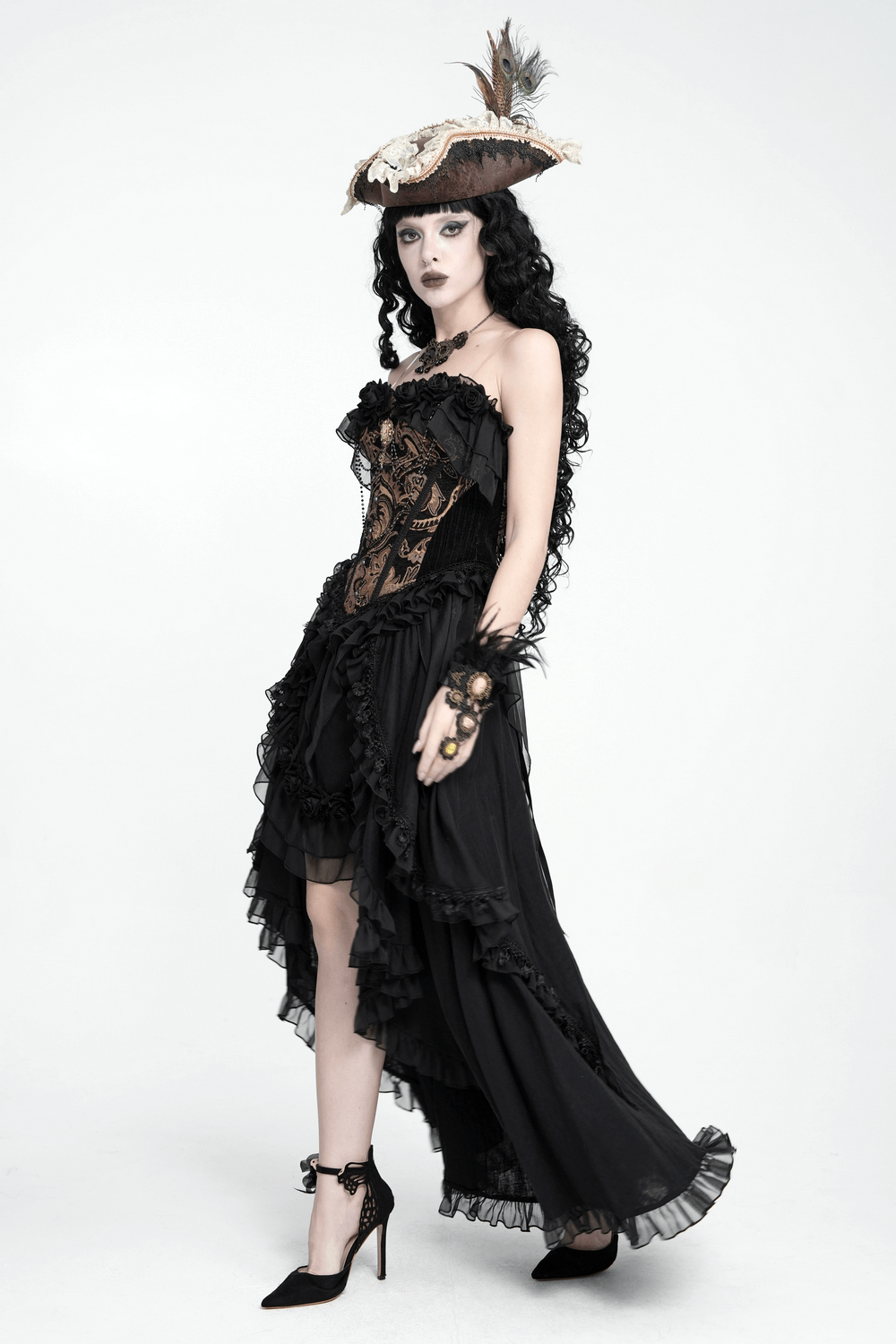 Victorian Gothic Brocade Corset Top with Rose Trim, black lace bustier with sheer draped hem and bronze brocade, steampunk style